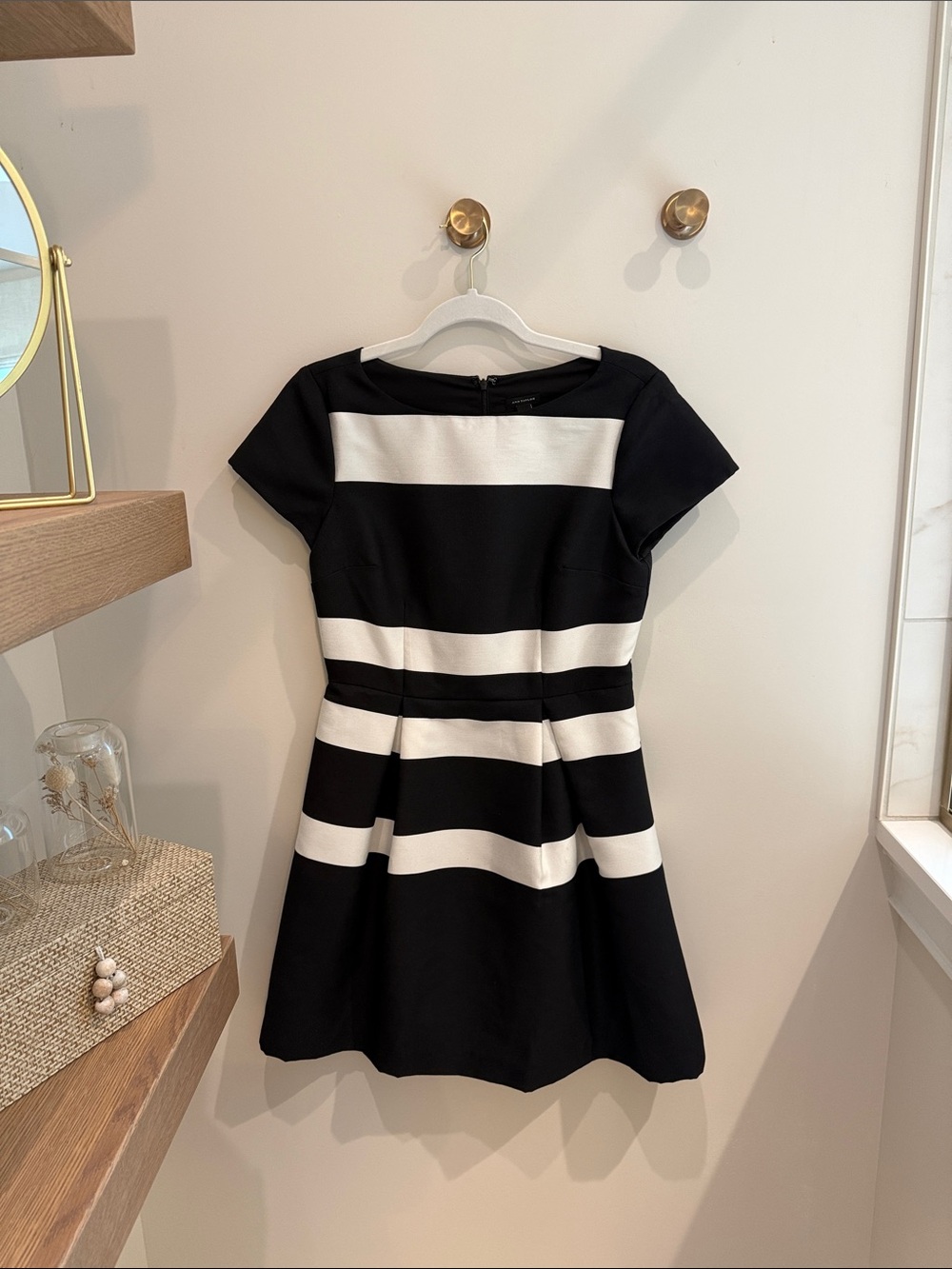 Ann Taylor Black and White Striped Fit-and-Flare Dress